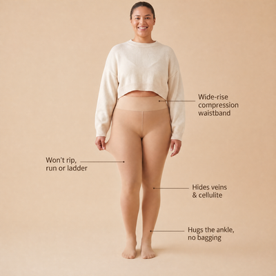 Front view: won't rip, hides veins and cellulite, hugs the ankle