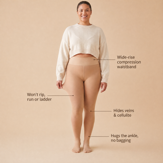 Front view: won't rip, hides veins and cellulite, hugs the ankle