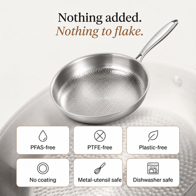PFAS-free, PTFE-free, plastic-free, no coating, metal-utensil safe, dishwasher safe
