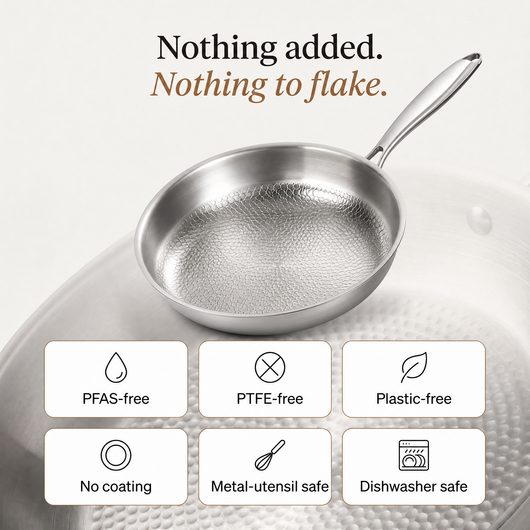 PFAS-free, PTFE-free, plastic-free, no coating, metal-utensil safe, dishwasher safe