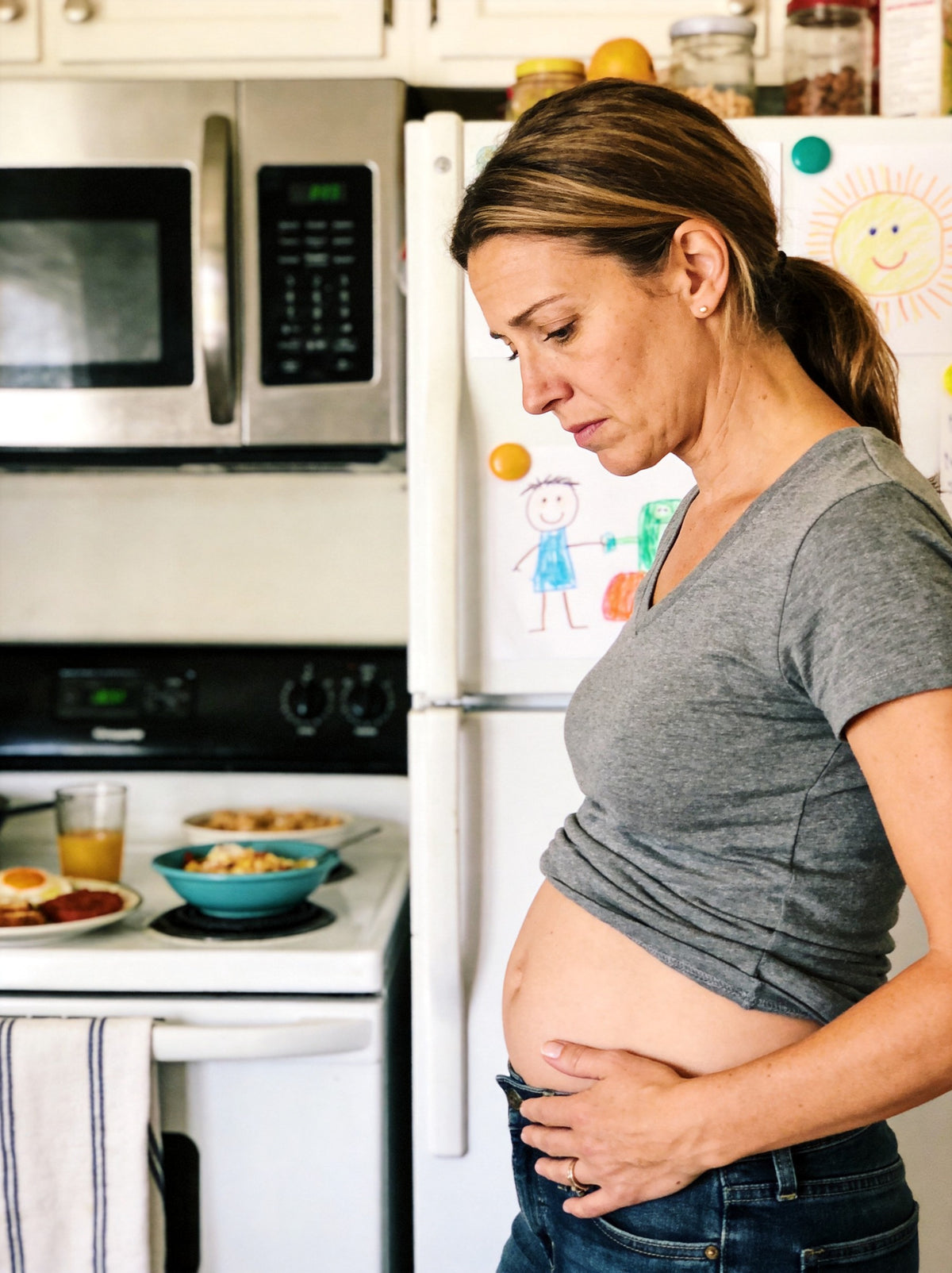 Mom in her kitchen looking down at her lower belly, one hand resting on it