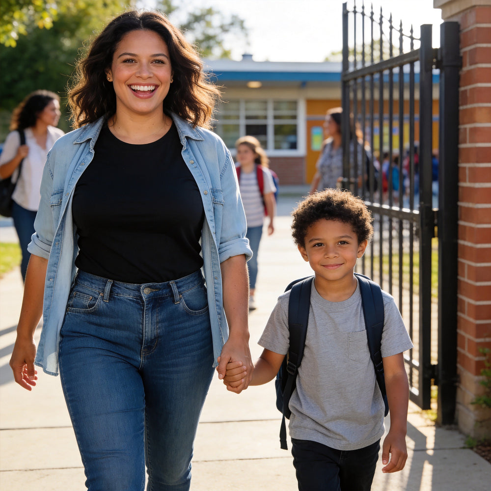 Mom walking her son to school in jeans and a fitted top