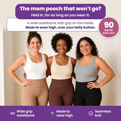 Three moms wearing the Anchor-Hold high-waist shaping short in golden beige, brown and black