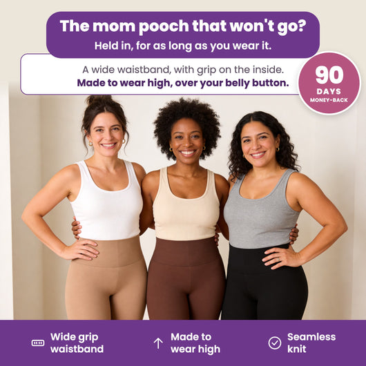 Three moms wearing the Anchor-Hold high-waist shaping short in golden beige, brown and black