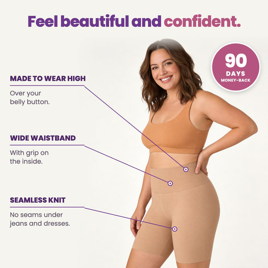 Mom in the golden beige shaping short: made to wear high, wide waistband, seamless knit