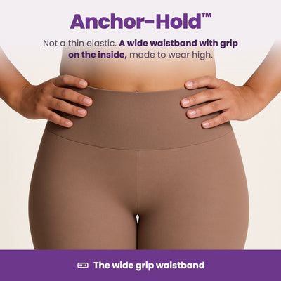 Close-up of the wide Anchor-Hold waistband worn high