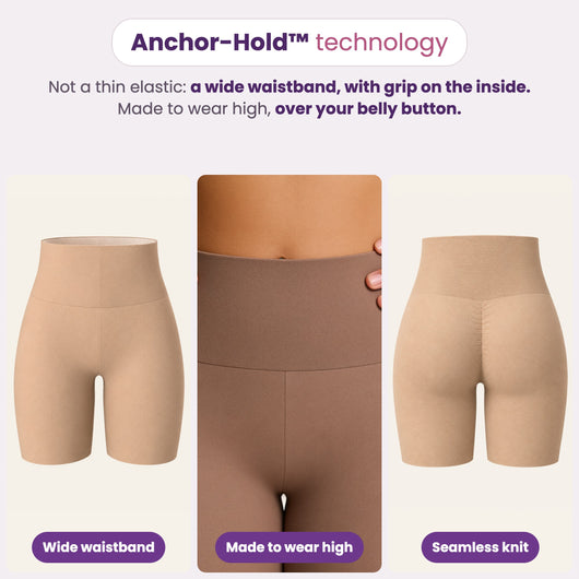 Anchor-Hold technology: wide waistband, made to wear high, seamless knit